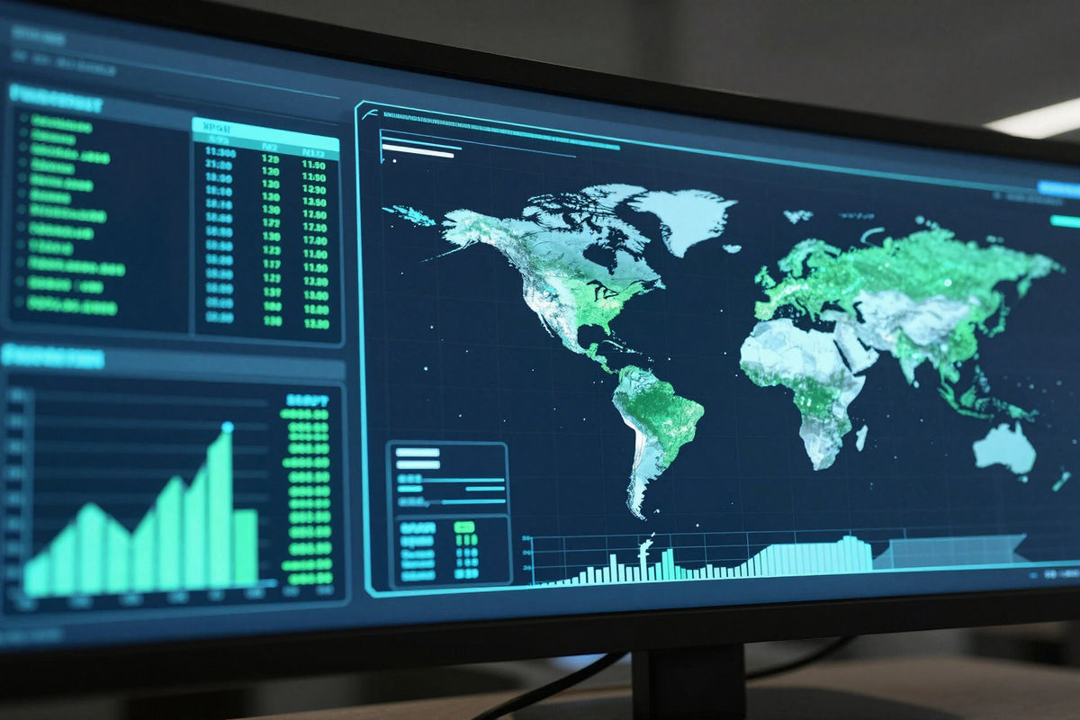 A wide monitor displaying live monitoring data in a control room
