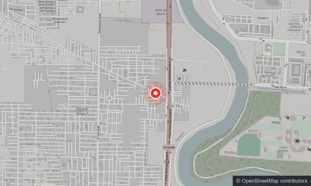 Map of Shyam Vihar Phase-1, Najafgarh, with the SPS Security office marked beside the Najafgarh drain and NH344M