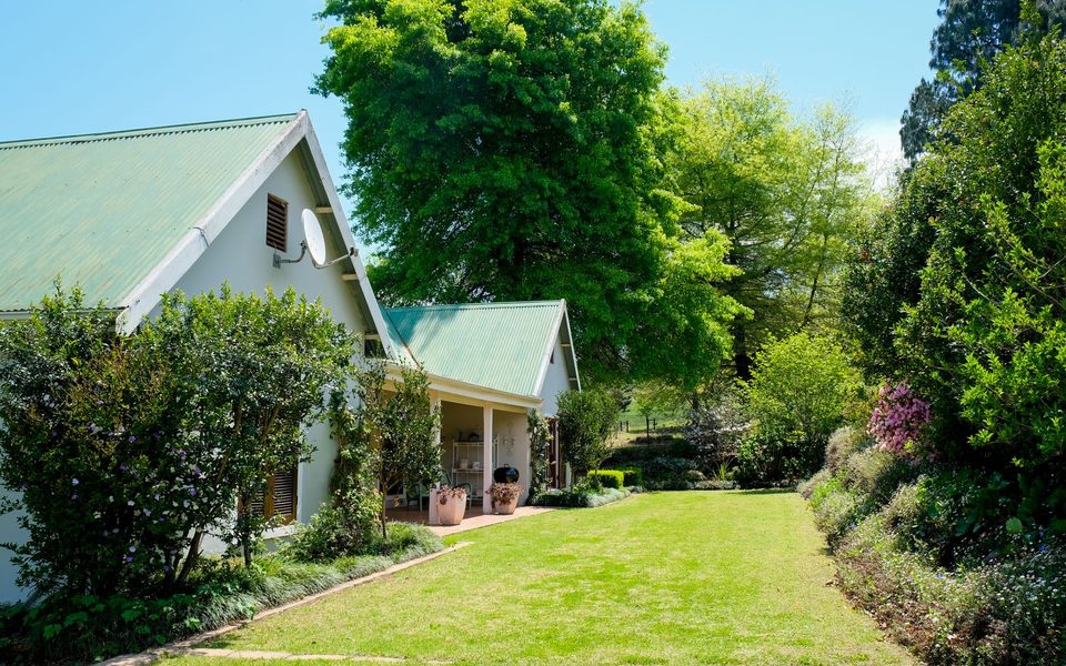 Farmhouse with a wide lawn and mature trees