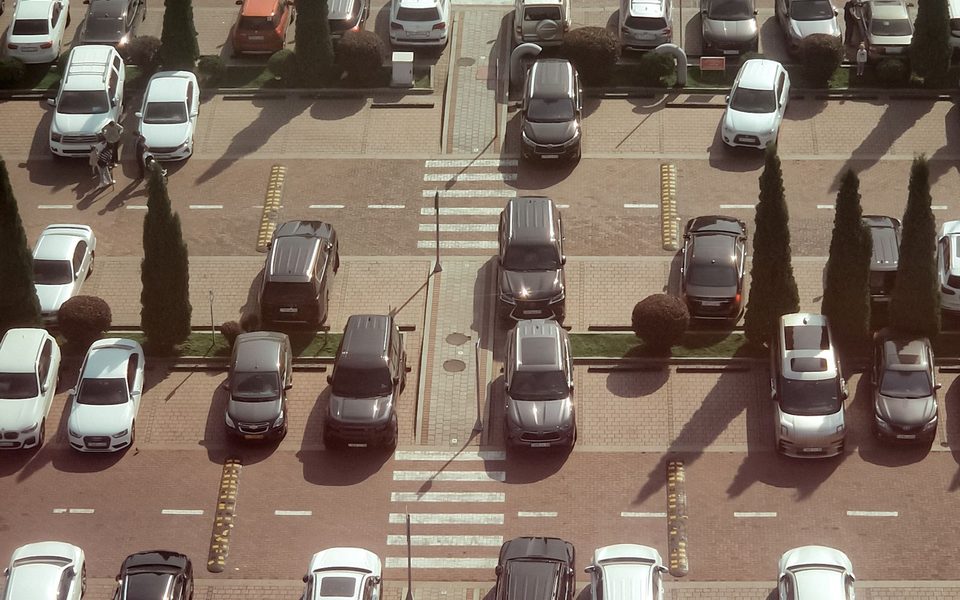 Rows of parked cars seen from above